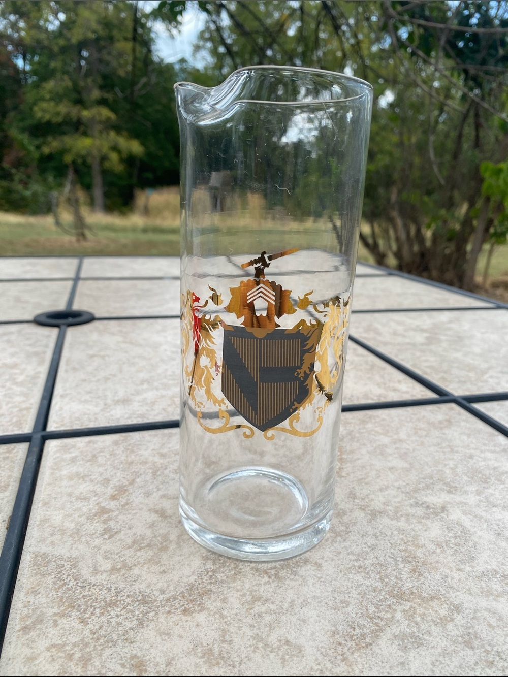 Vintage MCM Federal Glass Cocktail Pitcher Camelot Gold/Black Crest